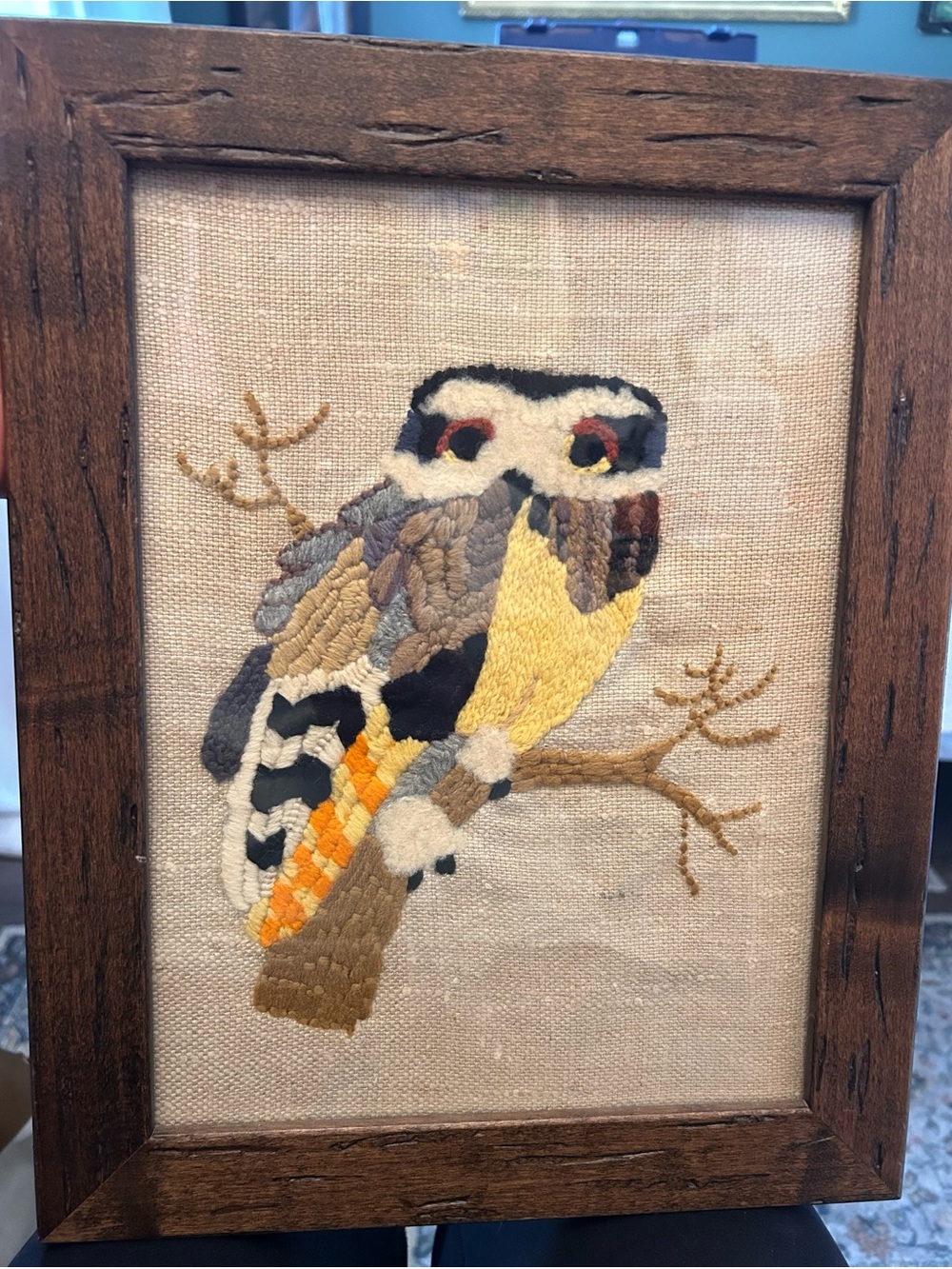 1967 Vintage 3D owl Crewel Completed Framed Art Erica Wilson Heirloom